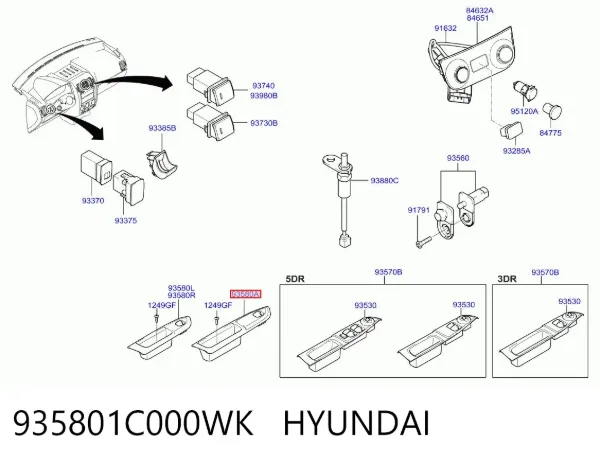 Panel przyciskowy sterowania podnośnikiem szyby przedni prawy 935801C000WK Hyundai/Kia