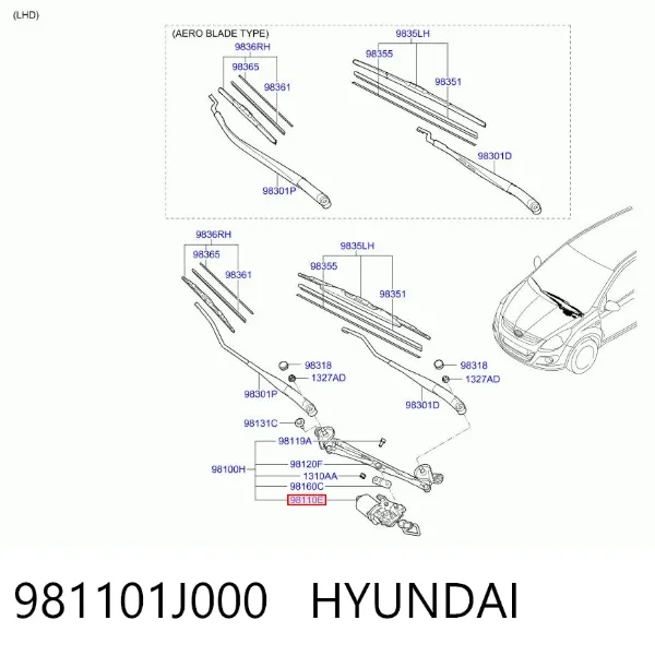 Silniczek wycieraczki szyby przedniej 981101J000 Hyundai/Kia