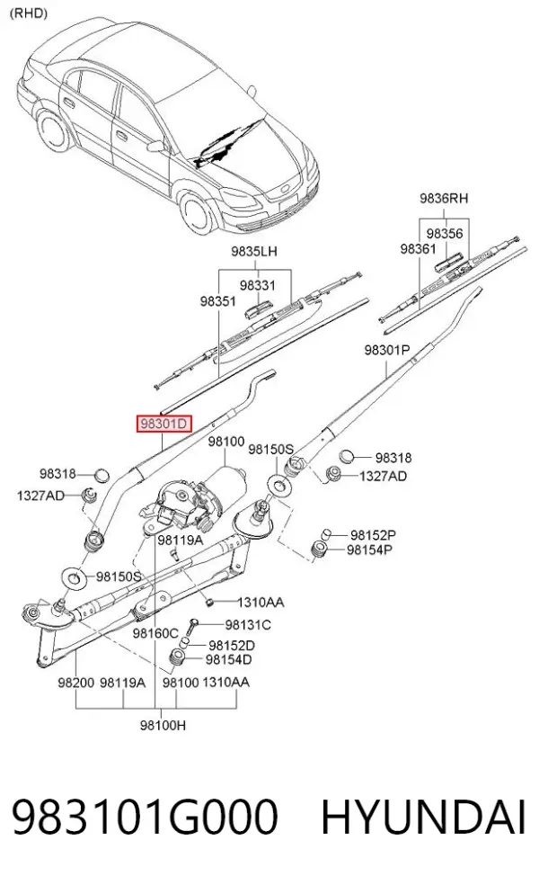 Ramię wycieraczki szyby przedniej 983101G000 Hyundai/Kia