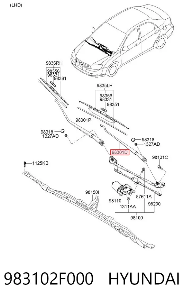 Ramię wycieraczki szyby przedniej 983102F000 Hyundai/Kia