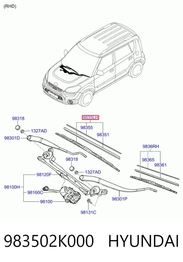 Pióro wycieraczki szyby przedniej kierowcy 983502K000 Hyundai/Kia
