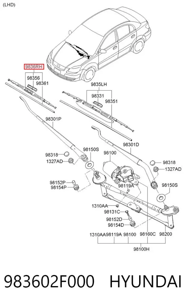 Pióro wycieraczki szyby przedniej pasażera 983602F000 Hyundai/Kia