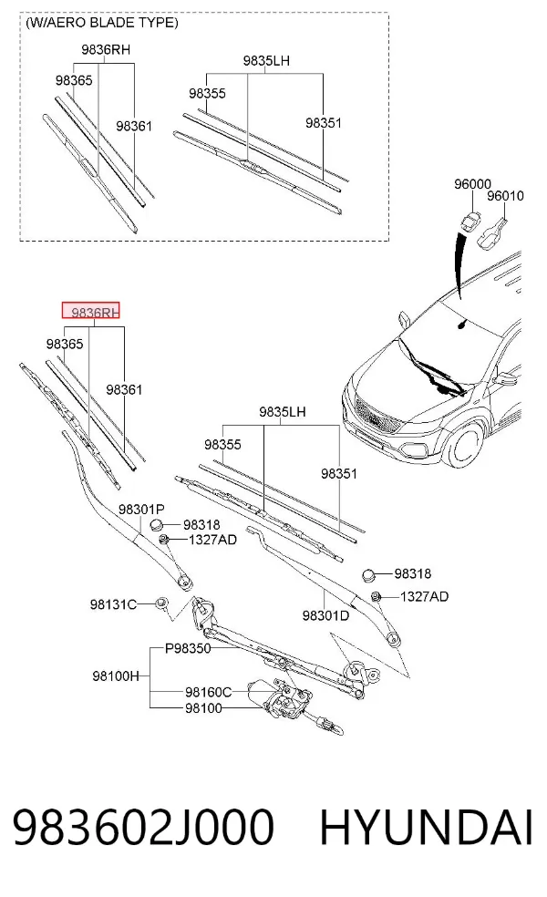 Pióro wycieraczki szyby przedniej pasażera 983602J000 Hyundai/Kia
