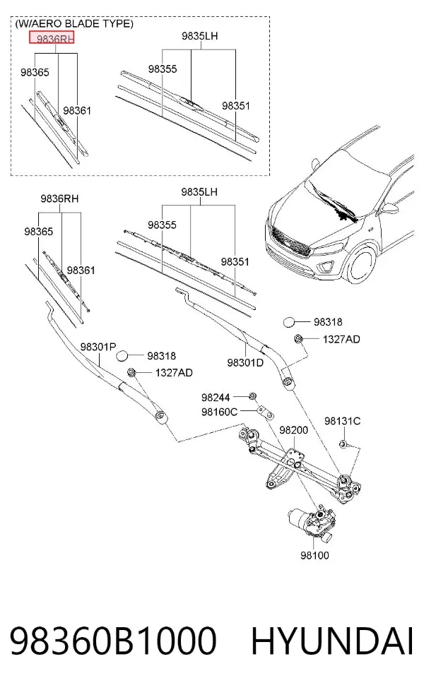 Pióro wycieraczki szyby przedniej pasażera 98360B1000 Hyundai/Kia