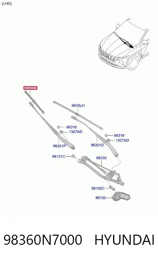 Pióro wycieraczki szyby przedniej pasażera 98360N7000 Hyundai/Kia