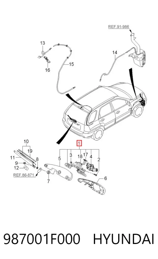 Silniczek wycieraczki tylnej szyby 987001F000 Hyundai/Kia