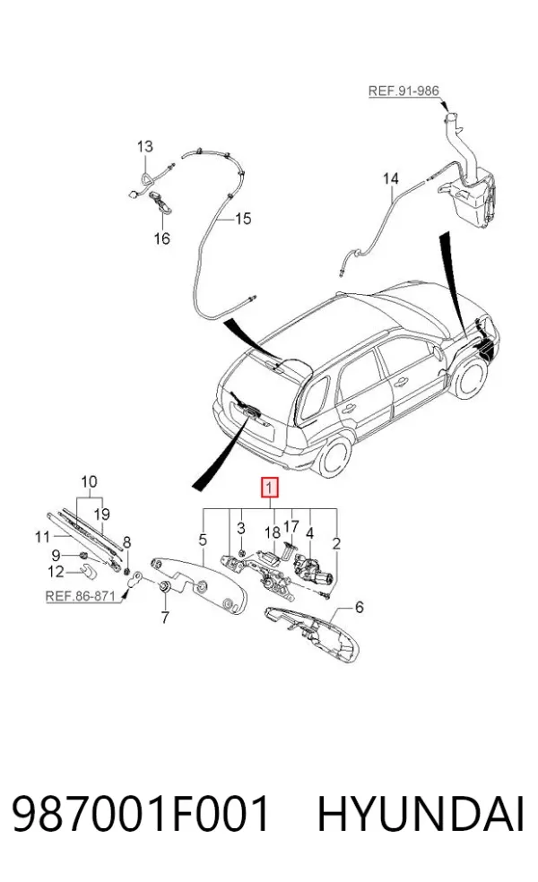 Silniczek wycieraczki tylnej szyby 987001F001 Hyundai/Kia