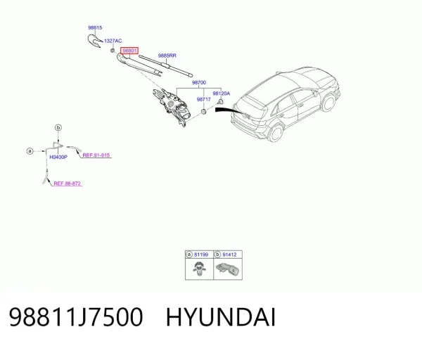 Ramię wycieraczki szyby tylnej 98811J7500 Hyundai/Kia