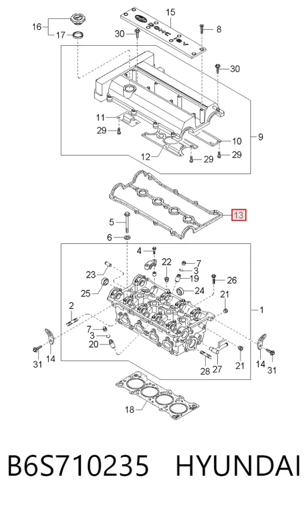 Uszczelka pokrywy zaworowej silnika B6S710235 Hyundai/Kia