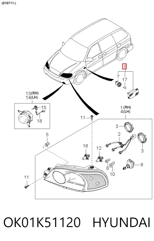 Powtarzacz kierunkowskazu na błotniku OK01K51120 Hyundai/Kia