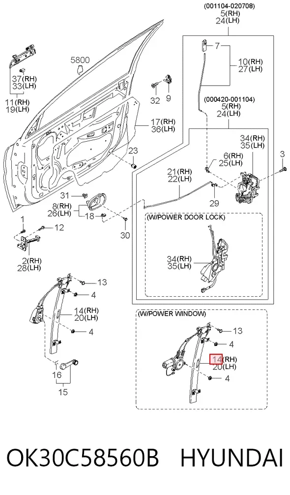 Mechanizm podnoszenia szyby drzwi przednich prawych OK30C58560B Hyundai/Kia