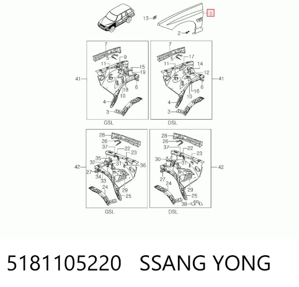 Błotnik przedni lewy SsangYong Musso FJ