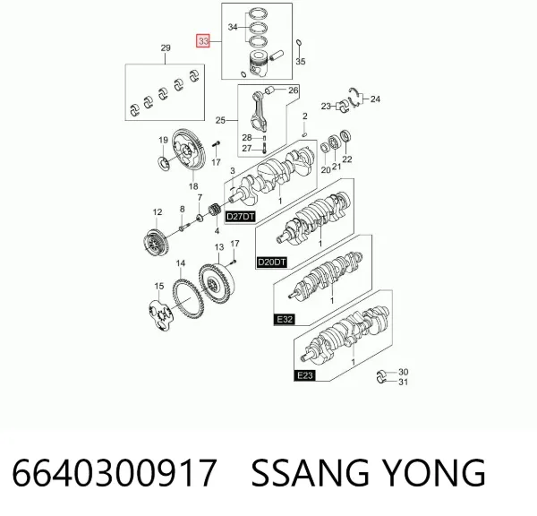 Tłok, komplet do jednego cylindru, STD 6640300917 Ssang Yong