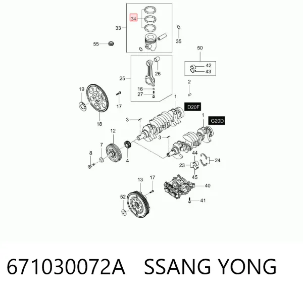 Pierścienie tłokowe na 1 cylinder, STD. 671030072A Ssang Yong
