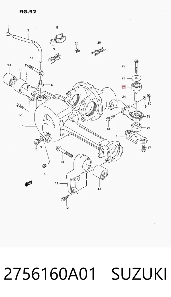 Silentblock trawersu do mocowania przedniego reduktora tylny 2756160A01 Suzuki