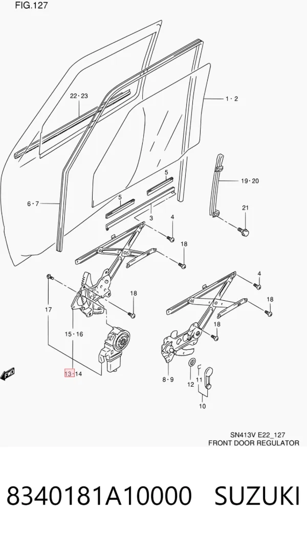 Mechanizm podnoszenia szyby drzwi przednich prawych Suzuki Jimny SN, JB