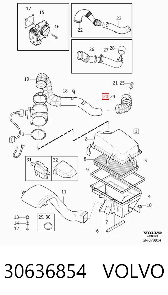 Króciec powietrza, wylot filtra powietrznego 30636854 Volvo