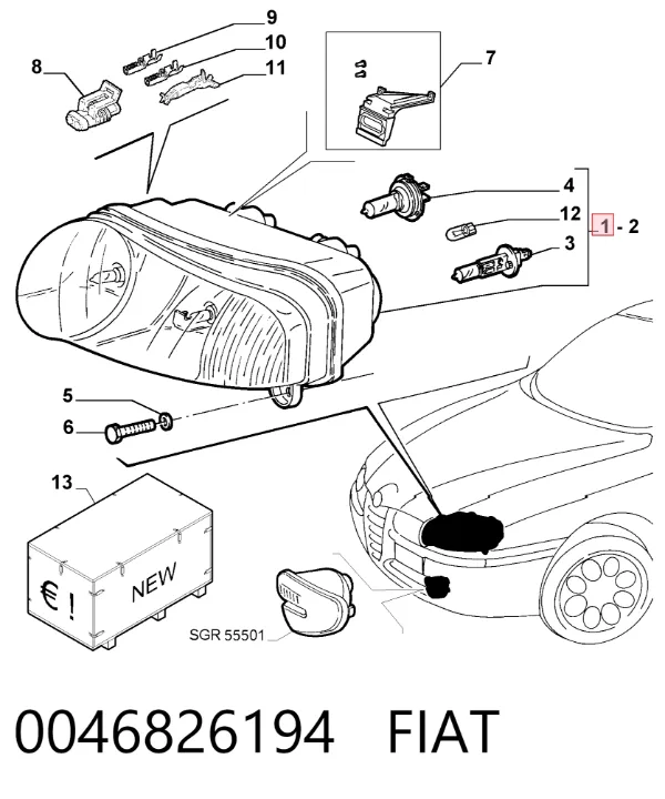 Reflektor prawy 0046826194 Fiat/Alfa/Lancia