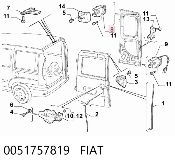 Zamek drzwi tylnych lewych skrzydłowych górny 0051757819 Fiat/Alfa/Lancia