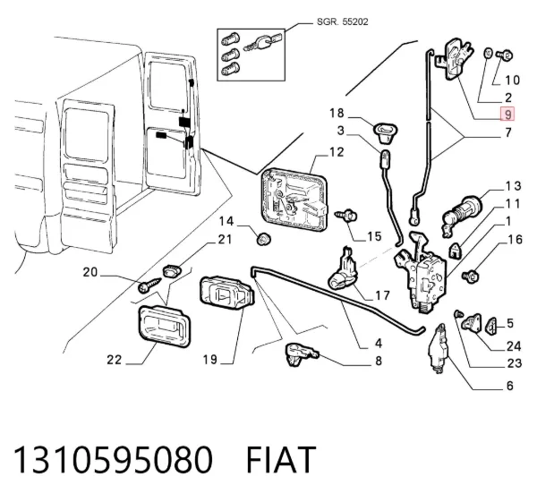 Zamek drzwi tylnych prawych skrzydłowych górny 1310595080 Fiat/Alfa/Lancia