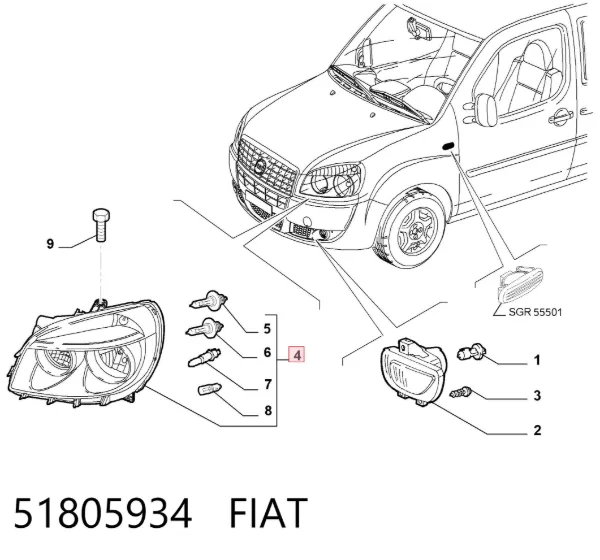 Reflektor prawy 51805934 Fiat/Alfa/Lancia