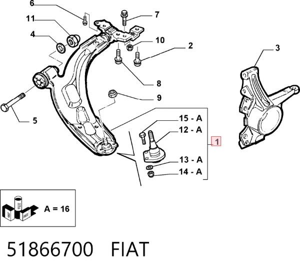 Wahacz zawieszenia przedniego dolny prawy 51866700 Fiat/Alfa/Lancia