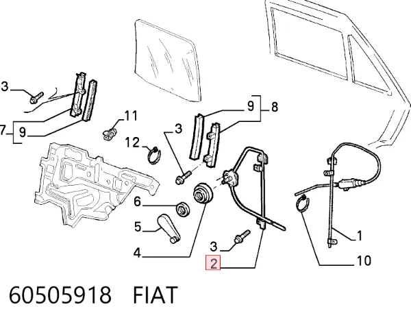 Mechanizm podnoszenia szyby drzwi przednich prawych 60505918 Fiat/Alfa/Lancia