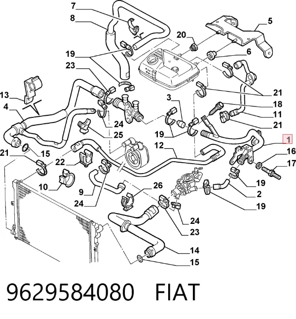 Przewód (króciec) układu chłodzenia 9629584080 Fiat/Alfa/Lancia
