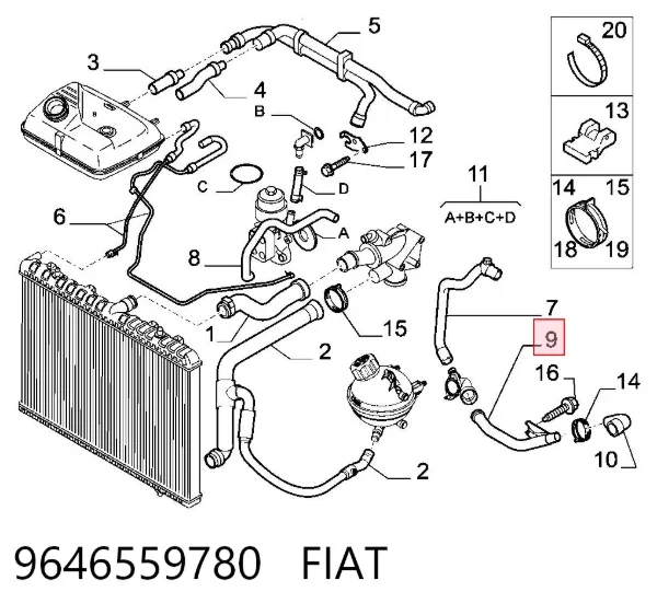 Przewód (króciec) układu chłodzenia 9646559780 Fiat/Alfa/Lancia