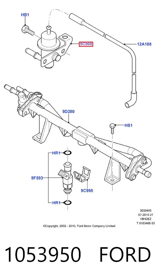 Regulator ciśnienia paliwa w listwie paliwowej 1053950 Ford