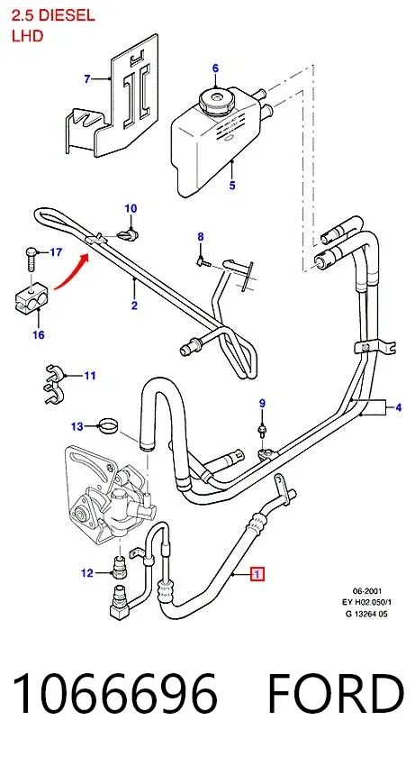 Przewód hydraulicznego układu wspomagania wysokiego ciśnienia, od pompy do maglownicy (mechanizmu) 1066696 Ford