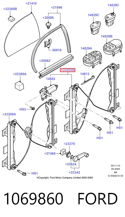 Mechanizm podnoszenia szyby drzwi przednich prawych 1069860 Ford