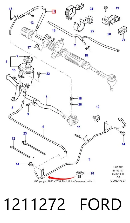 Przewód hydraulicznego układu wspomagania wysokiego ciśnienia, od pompy do maglownicy (mechanizmu) 1211272 Ford