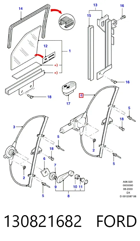 Mechanizm podnoszenia szyby drzwi przednich lewych 130821682 Ford