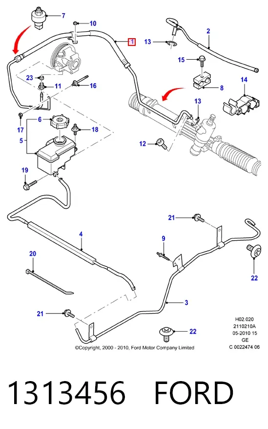 Przewód hydraulicznego układu wspomagania wysokiego ciśnienia, od pompy do maglownicy (mechanizmu) 1313456 Ford