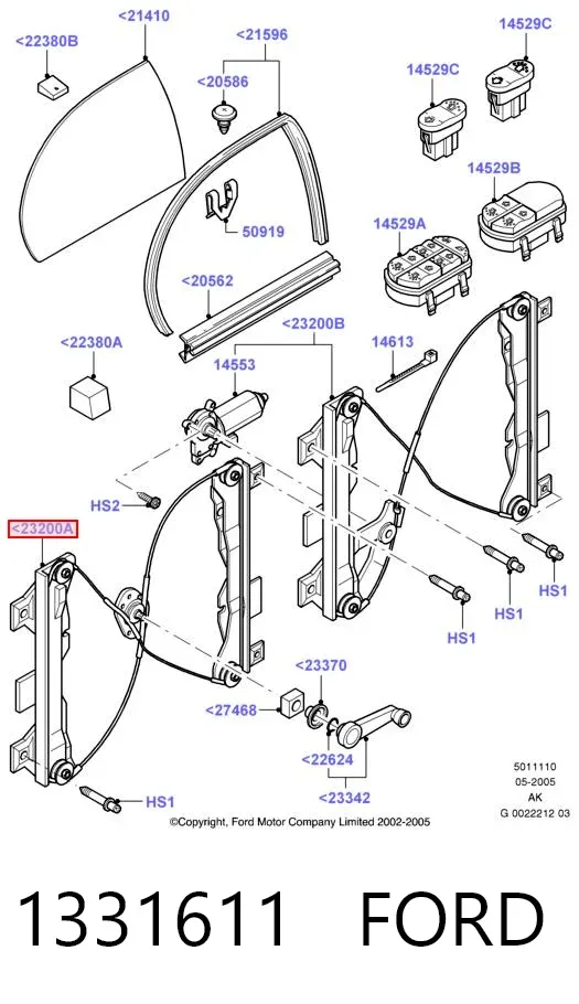 Mechanizm podnoszenia szyby drzwi przednich lewych 1331611 Ford