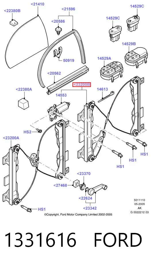 Mechanizm podnoszenia szyby drzwi przednich prawych 1331616 Ford