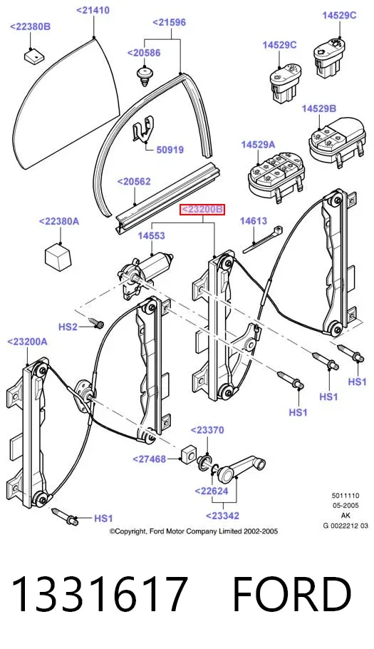 Mechanizm podnoszenia szyby drzwi przednich prawych 1331617 Ford