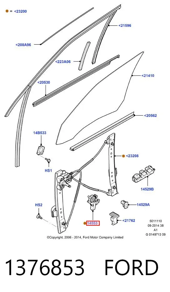 Silniczek podnośnika szyby drzwi przednich prawych 1376853 Ford