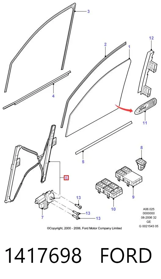 Mechanizm podnoszenia szyby drzwi przednich lewych 1417698 Ford