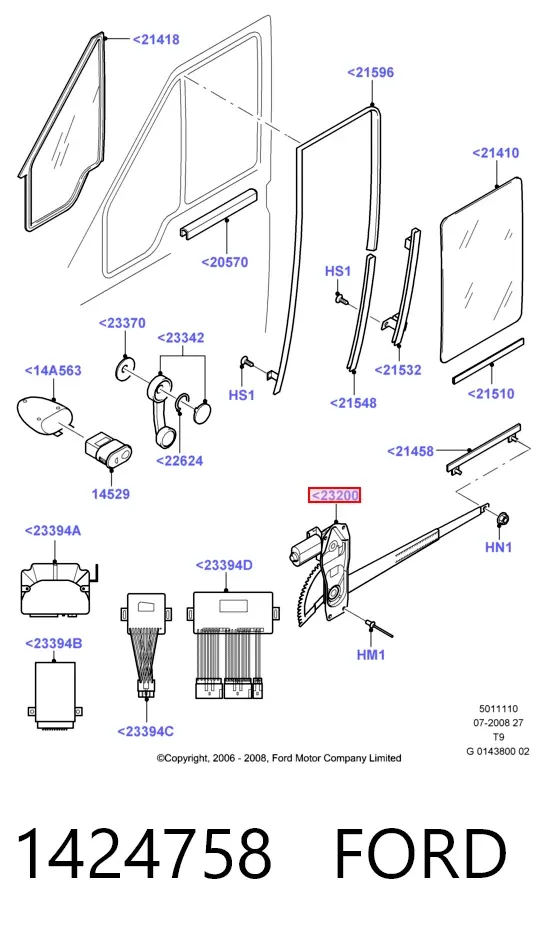 Mechanizm podnoszenia szyby drzwi przednich prawych 1424758 Ford