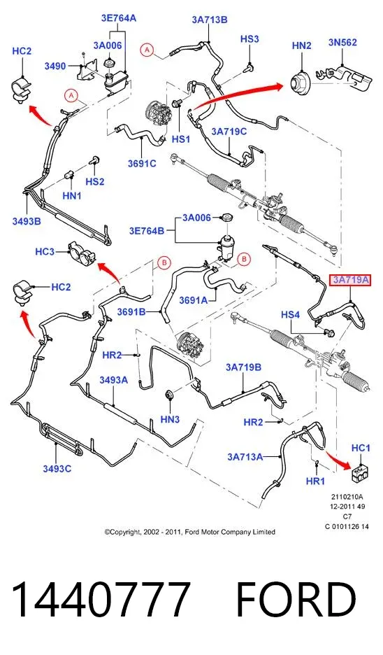 Przewód hydraulicznego układu wspomagania wysokiego ciśnienia, od pompy do maglownicy (mechanizmu) 1440777 Ford