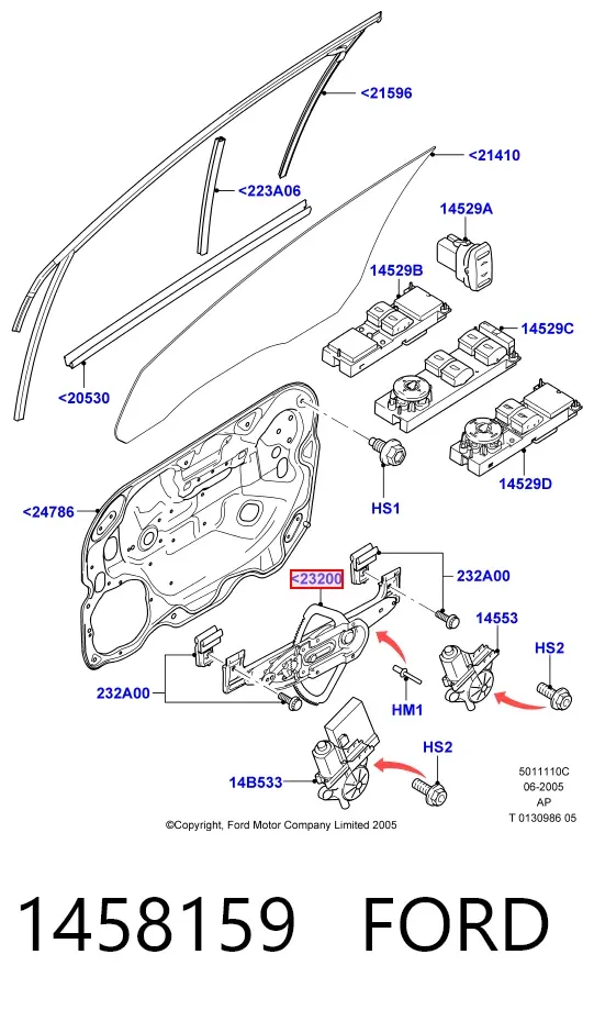 Mechanizm podnoszenia szyby drzwi przednich prawych 1458159 Ford