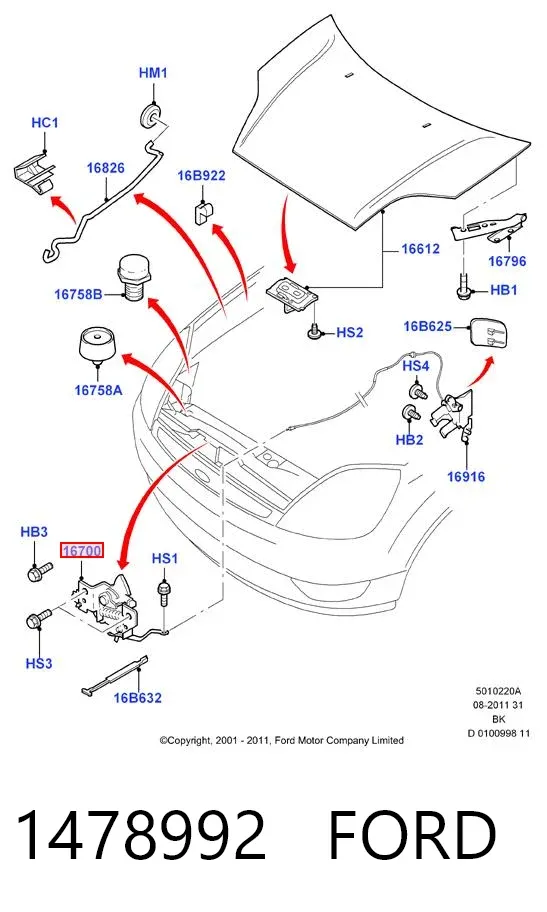 Zamek maski 1478992 Ford