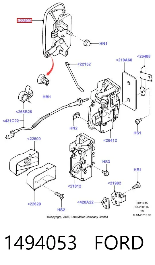 Klamka drzwi przednich zewnętrzna prawa 1494053 Ford