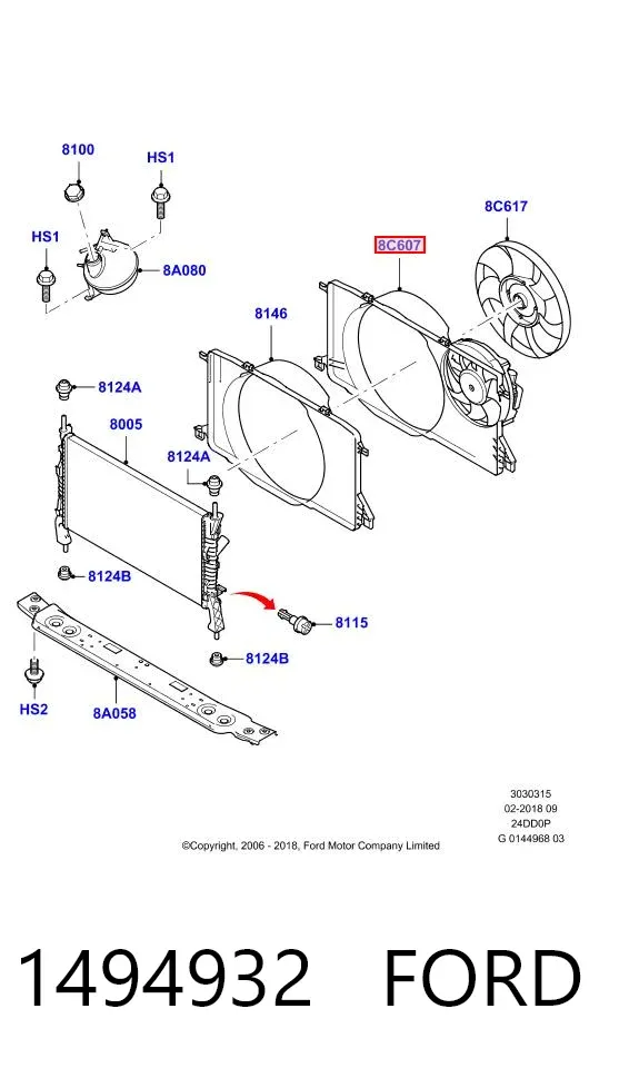 Dyfuzor chłodnicy, w komplecie z silnikiem i wirnikiem 1494932 Ford