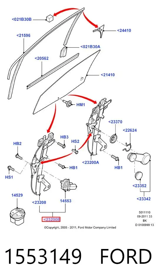 Mechanizm podnoszenia szyby drzwi przednich lewych 1553149 Ford