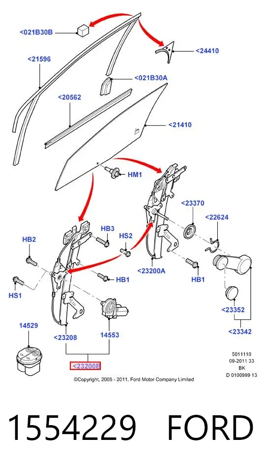Mechanizm podnoszenia szyby drzwi przednich prawych 1554229 Ford