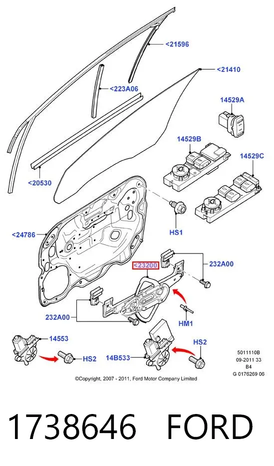 Mechanizm podnoszenia szyby drzwi przednich prawych 1738646 Ford