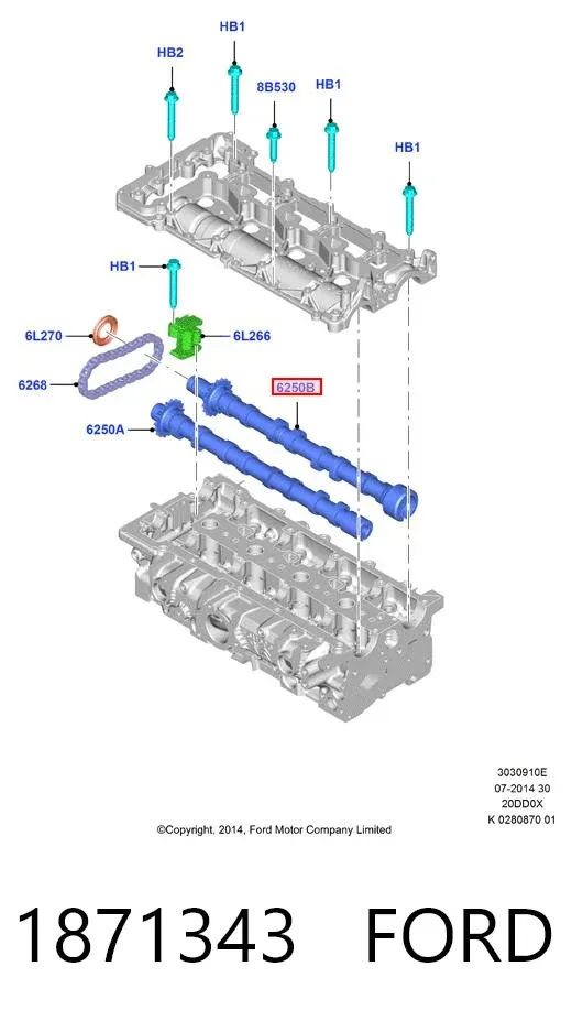 Wał rozrządu silnika wylotowy, wydechowy 1871343 Ford